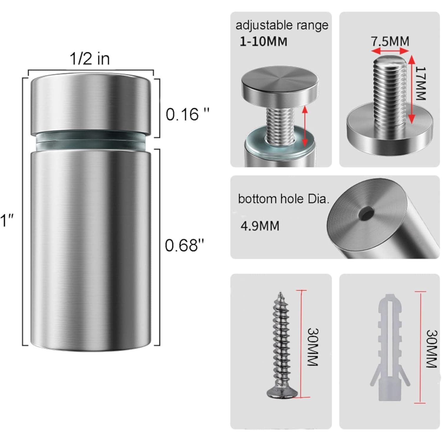 Sign Standoff Screws 1/2 x 1 Inch Stainless Steel Stand Off Wall Mounts Advertising Screw Hardware for Acrylic Signs (4Pcs)1/2" x 1" silver