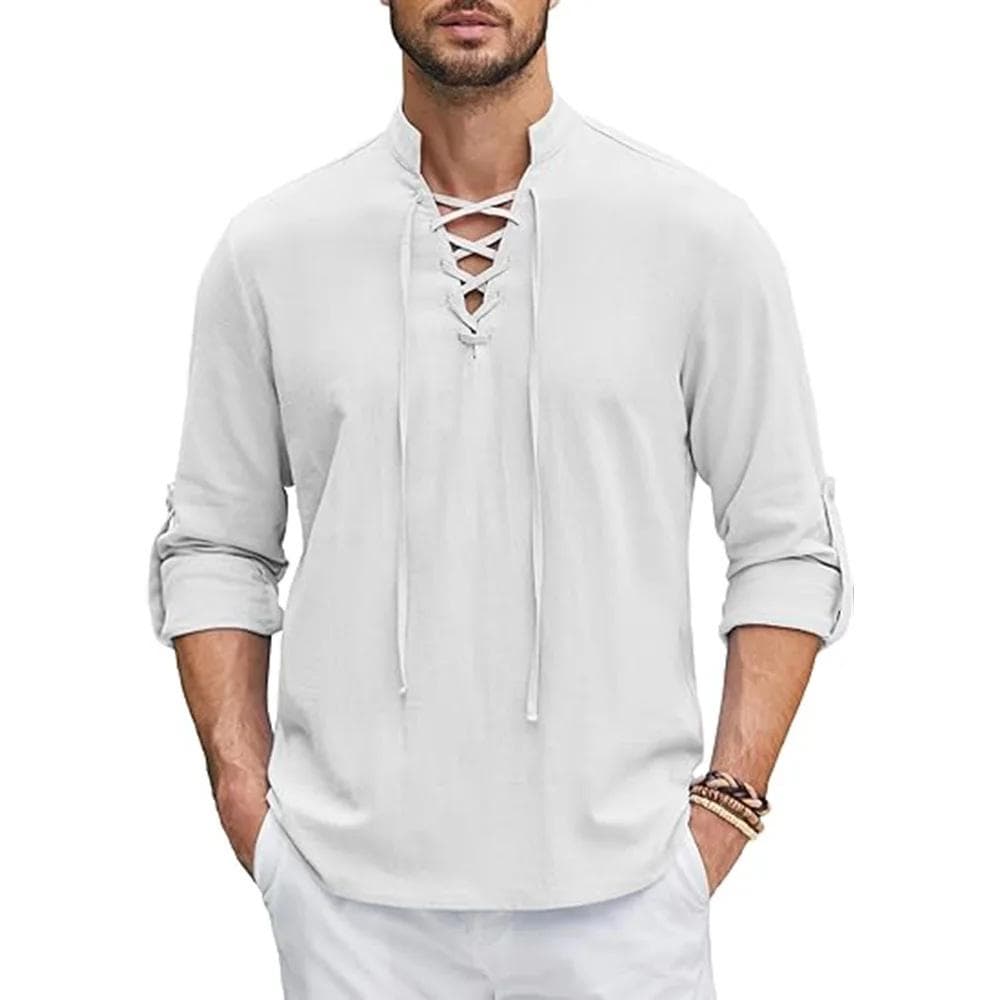 Men's Renaissance Shirt Pirate Medieval Viking top Cotton Linen Shirts Men Long Sleeved Halloween Costume S white