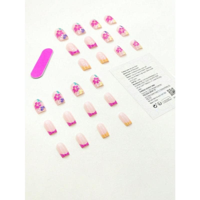24pcs Y2K Style Long Square Floral Pattern Fake Nail & 1pc Nail File & 1sheet Tape Press On Nails Nail Supplies