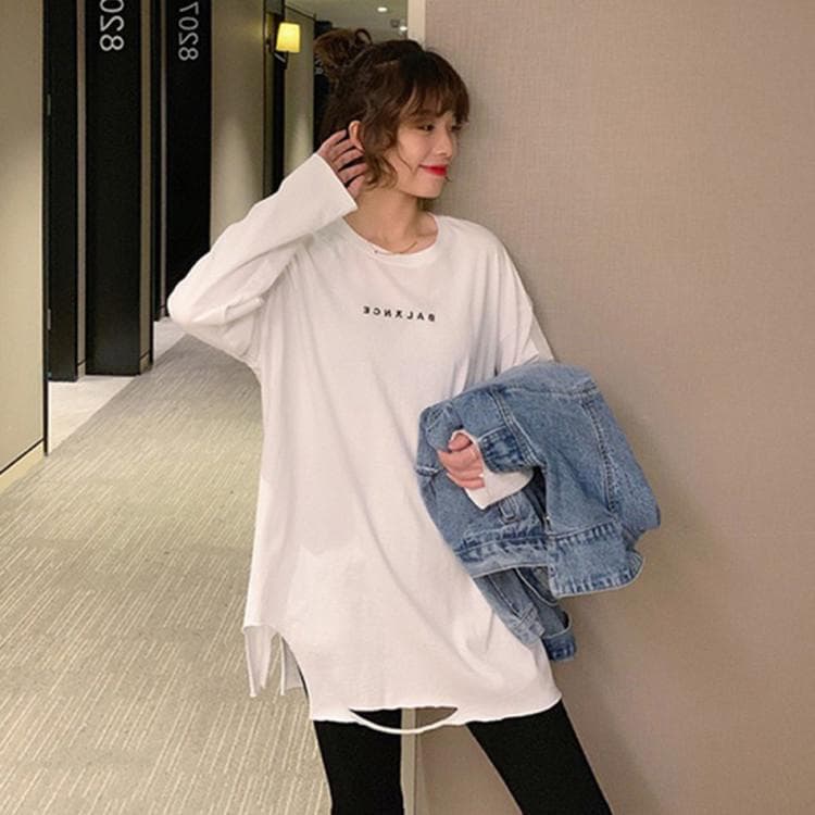 White Base Shirt for Women In Autumn and Winter New Pure Cotton Mid-length Letter Ripped Long-sleeved T-shirt XXL white