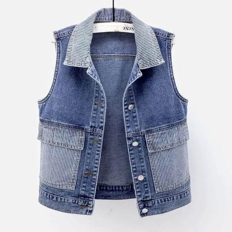 Cowboy Vest Women's Coat Short Slim Top Polo Collar Stripe Design Loose Casual Personalized Streetwear Spring and Autumn S