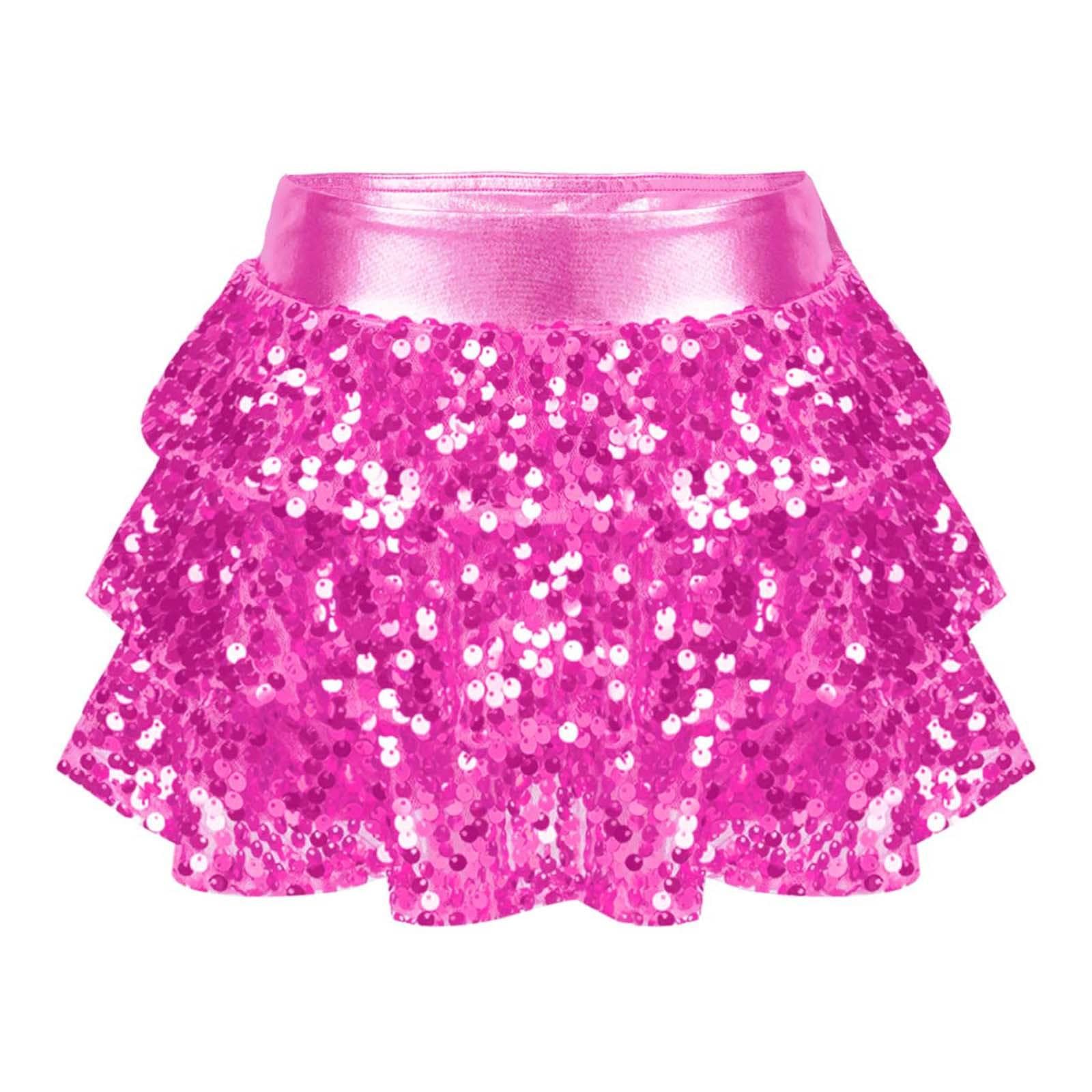Kids Girls Sequin Metallic Skirted Shorts Jazz Latin Dance Outfits Performance Costume Dancewear 11-12 Years hot pink
