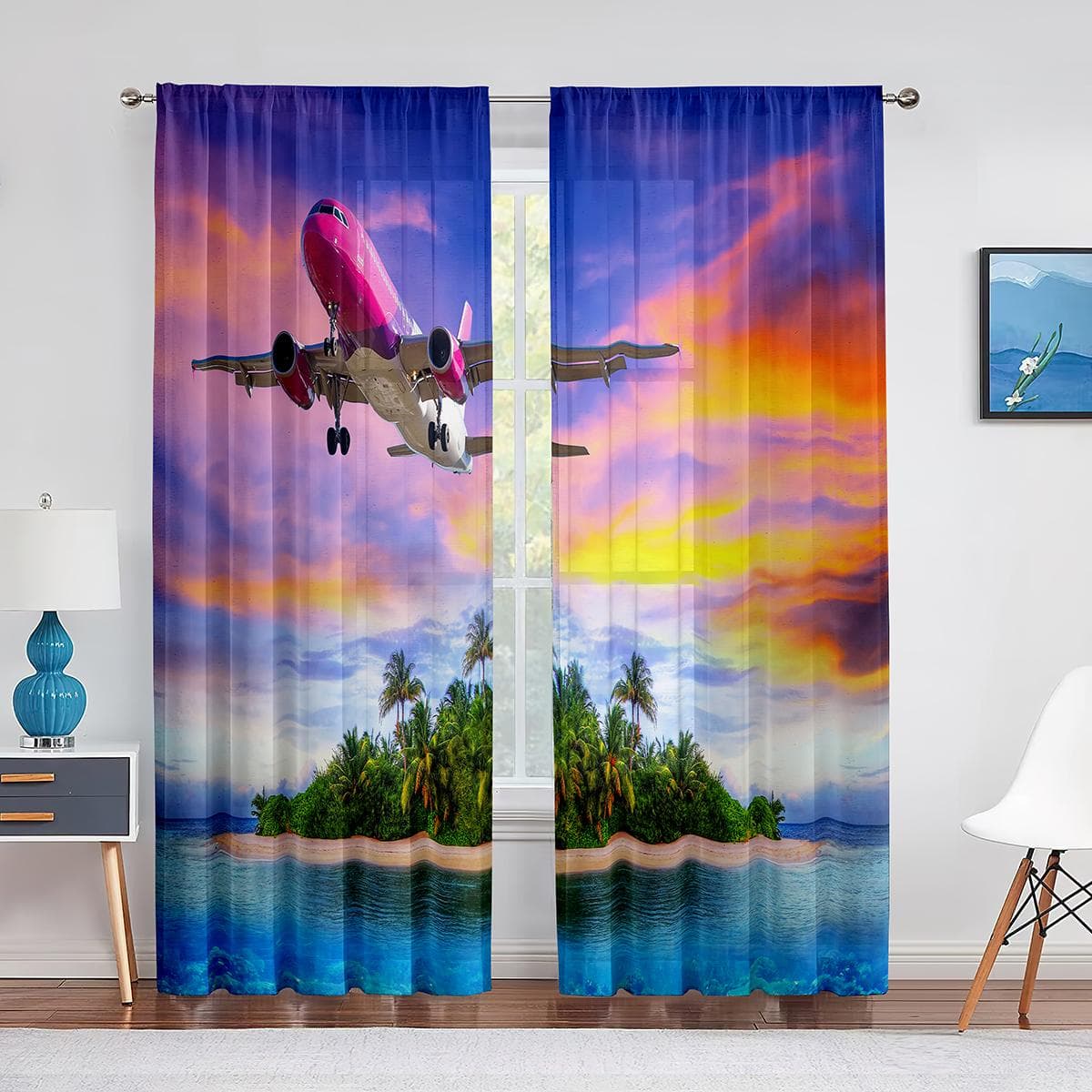 Airplane Aviation Runway Blue Sky Clouds Tulle Curtains for Living Room Bedroom Decoration Sheer Voile Curtain Window Treatments 1 PCS W100XH250cm&Grommet Top