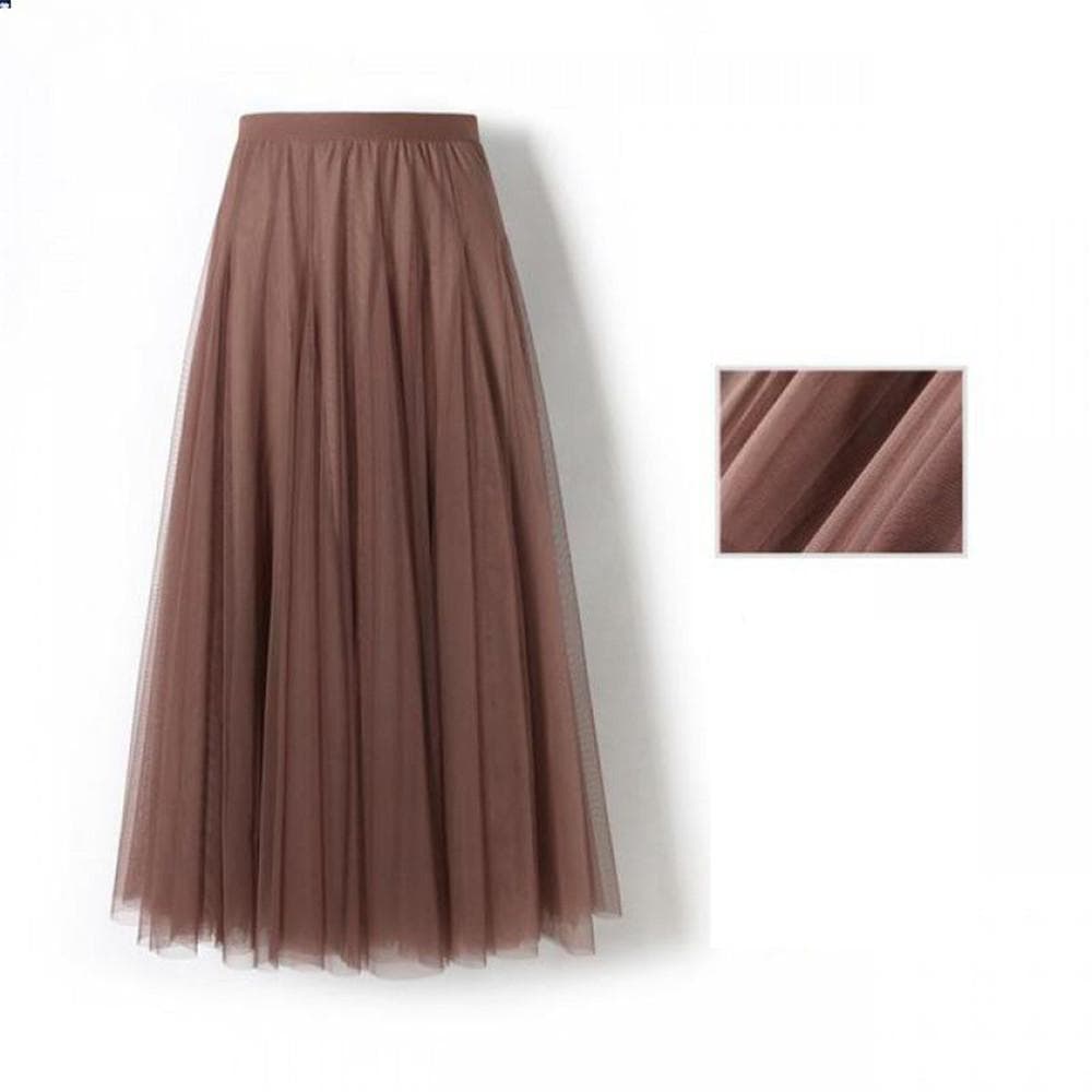 New Women Mesh Elastic Tutu Skirt Beach Spring Summer Korean High Waist Fashion Pleated Long Skirt Black White Tulle Skirts 75cm coffee
