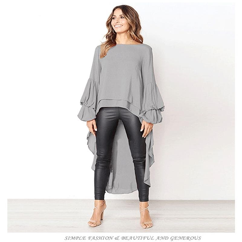 Women's Autumn Winter Long Sleeved Pullover Chiffon Shirt Irregular Chiffon Top for Women XXXL grey