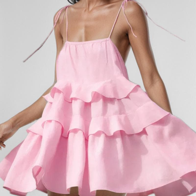 New Women's Sexy Pleated Suspender Dress with Backless Strap Skirt M pink
