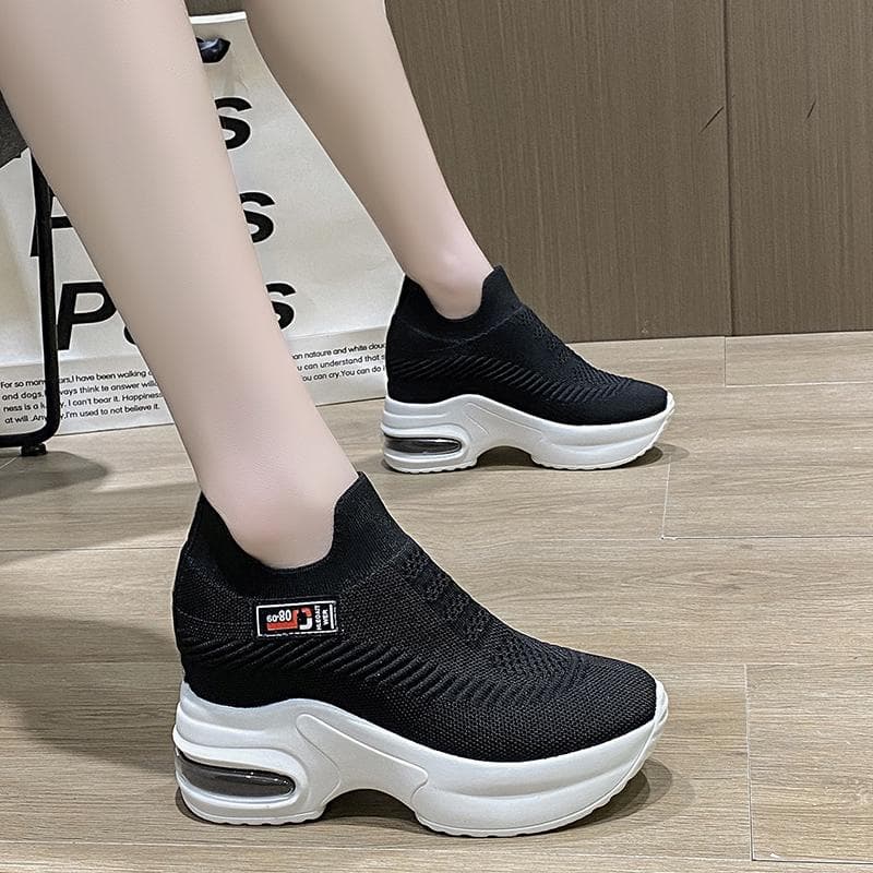 Women's Sneakers Spring Sequined Casual Shoes Women Platform Heels Wedges Height Increasing Knitted Ladies Vulcanized Shoes 39 black