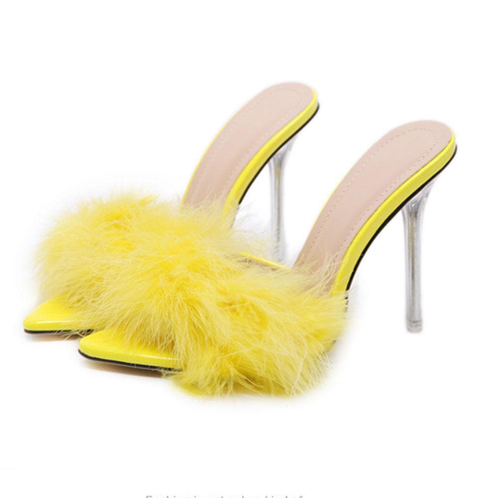 Summer Feather Pointed Toe High Heels Mules Sandals Metal Thin Heels Sexy Party Pole Dance Women's Shoes 40