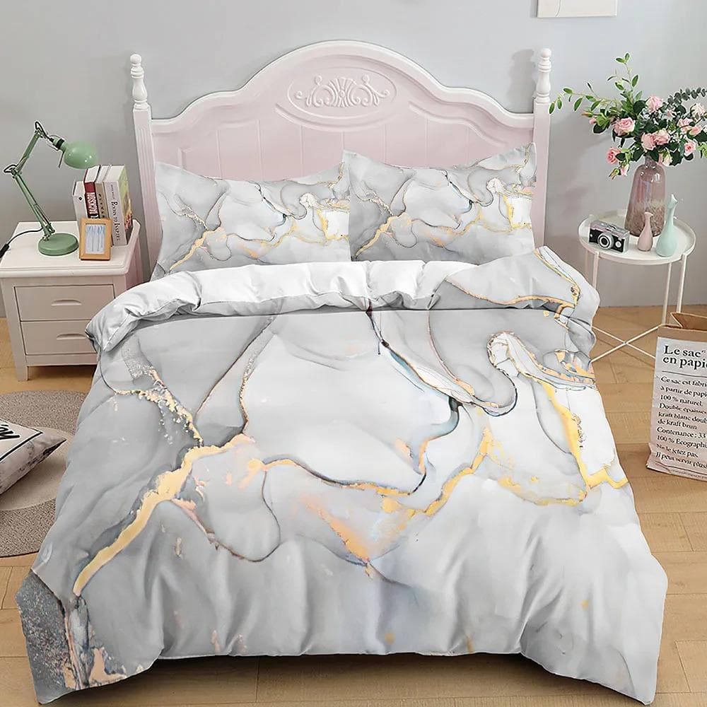 Marble Bedding Set King/Queen Size,Grey Gold Marble Duvet Cover Men Adults Modern Abstract Art Tie Dye Gothic Soft Quilt Cover 135x200cm 2pcs
