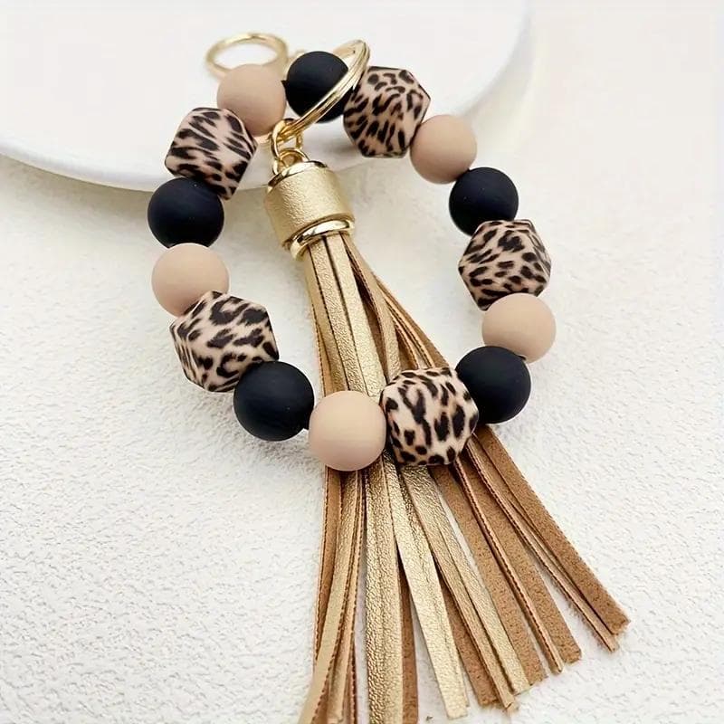 Silicone Bead Wristband Keychain and PU leather Tassel Skull leopard Fashion Bag Pendant, Mobile Phone lanyard, Women's Use Gift gold