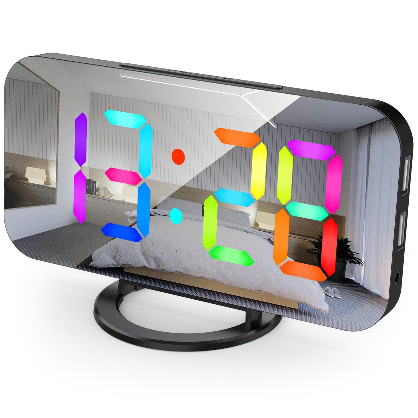 Digital Alarm Clock with Dynamic RGB Light Dimmable Brightness Adjustable Snooze Function USB black