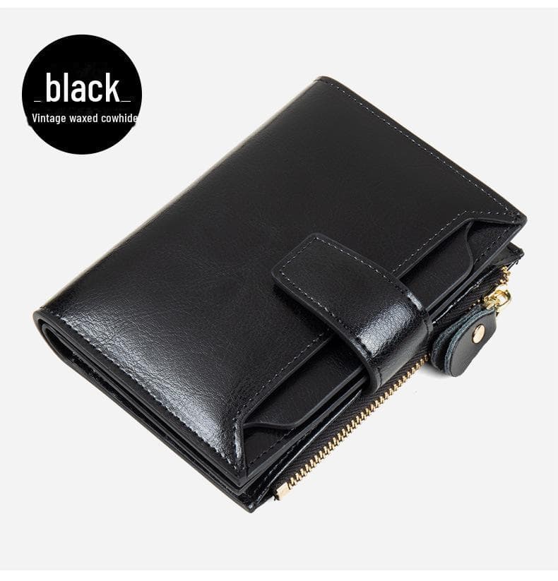 Retro Genuine Leather Women's RFID Anti-Theft Wallet with Large Capacity and Coin Zipper black