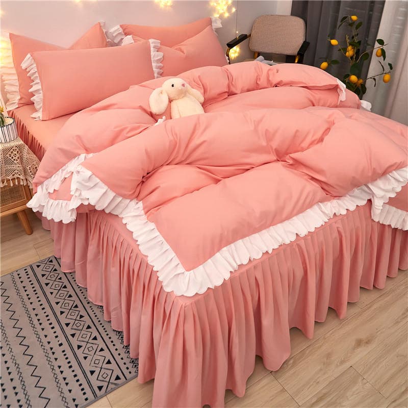 Net Red Korean Princess Style Bed Skirt Four-piece Girl Heart Lace Quilt Cover Student Dormitory Bedding Twin