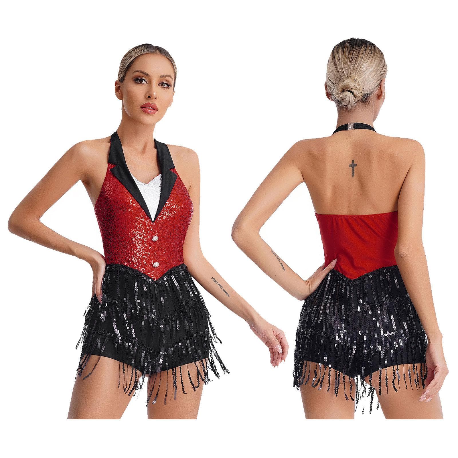 Women Tassel Salsa Latin Dance Dress Sequin Fringe Flapper Leotard Dress Ballroom Dancing Costume XXL red