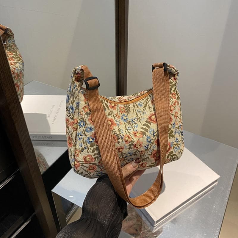Vintage Floral Print Large Capacity Shoulder Bag with Adjustable Strap Stylish Women’s Mixed Colors Nylon Crossbody Bag 23x9.5x21cm brown