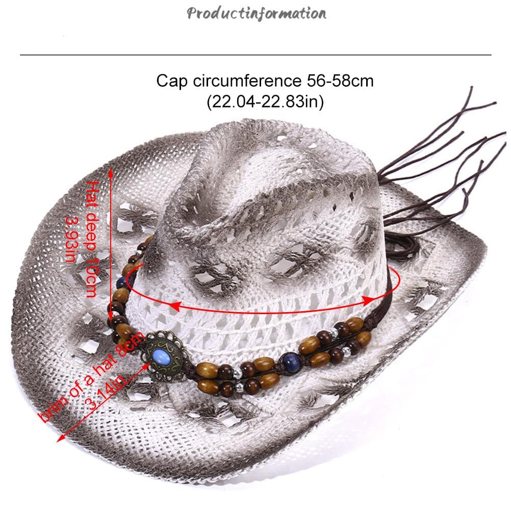 Straw Cowboy Cowgirl Hat for Men Women Wide Brim Hollow Breathable Sun Hat with Beaded Trim Band