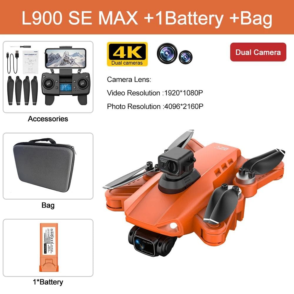 L900 Pro SE MAX Drone 4K Professional Camera 5G GPS WIFI 360° Obstacle Avoidance FPV Brushless Motor RC Quadcopter Mini Drone Toy Gift 1.2KM 3 battery orange