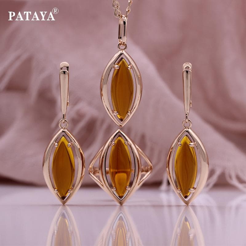 PATAYA Rose Gold Color Horse's Eye Shope Amber Color Artificial Zircon Exquisite Set 8