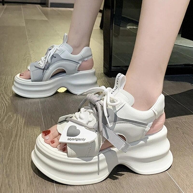 Summer Thick Bottom Wedge Walking Shoes Woman Peep Toe Lace Up Chunky Sandalias Fashion Sports Platform Sandals Women 39 grey