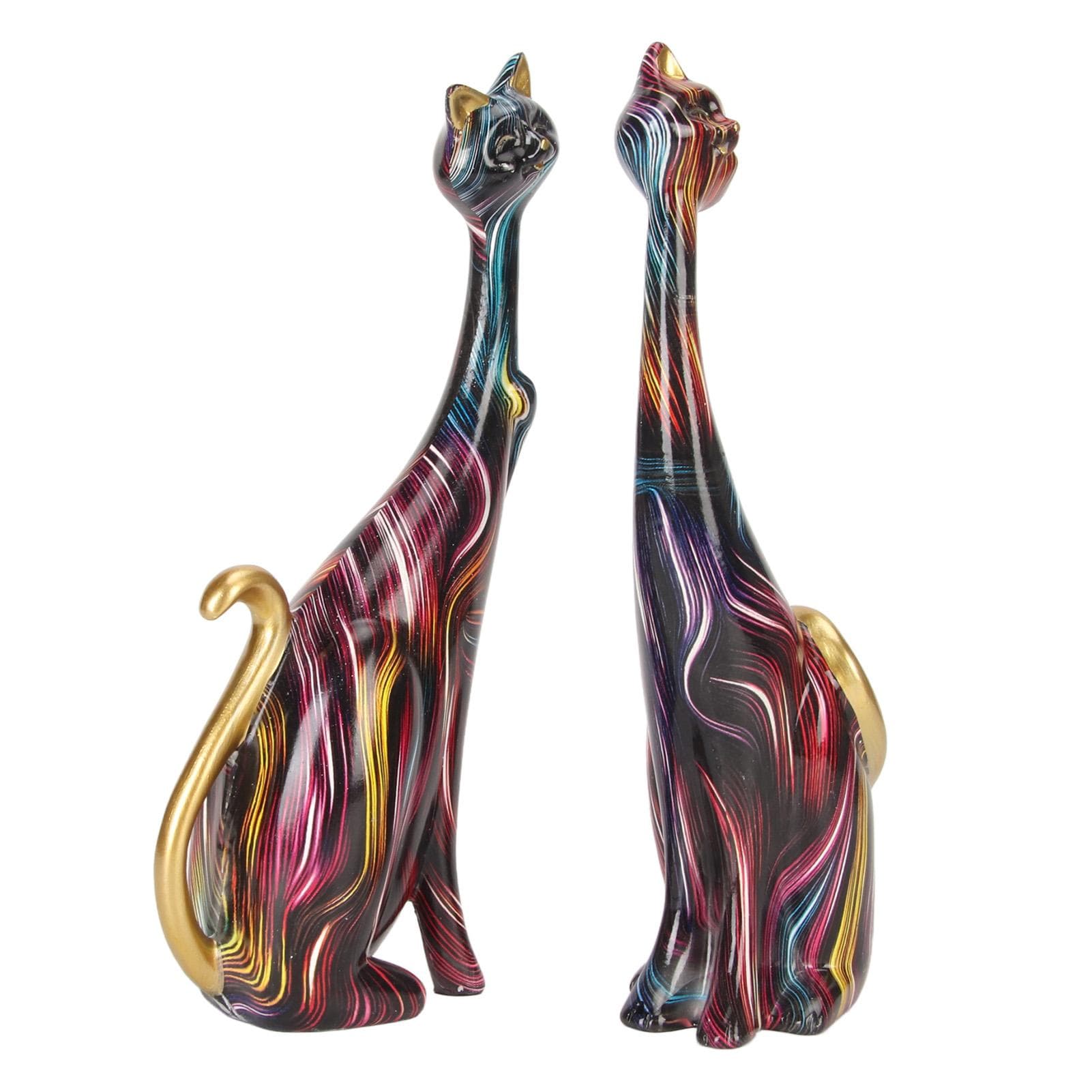 2Pcs Oil Painting Cat Statues Abstract Couple Resin Cat Figurines Cat Sculpture for Bedroom Office