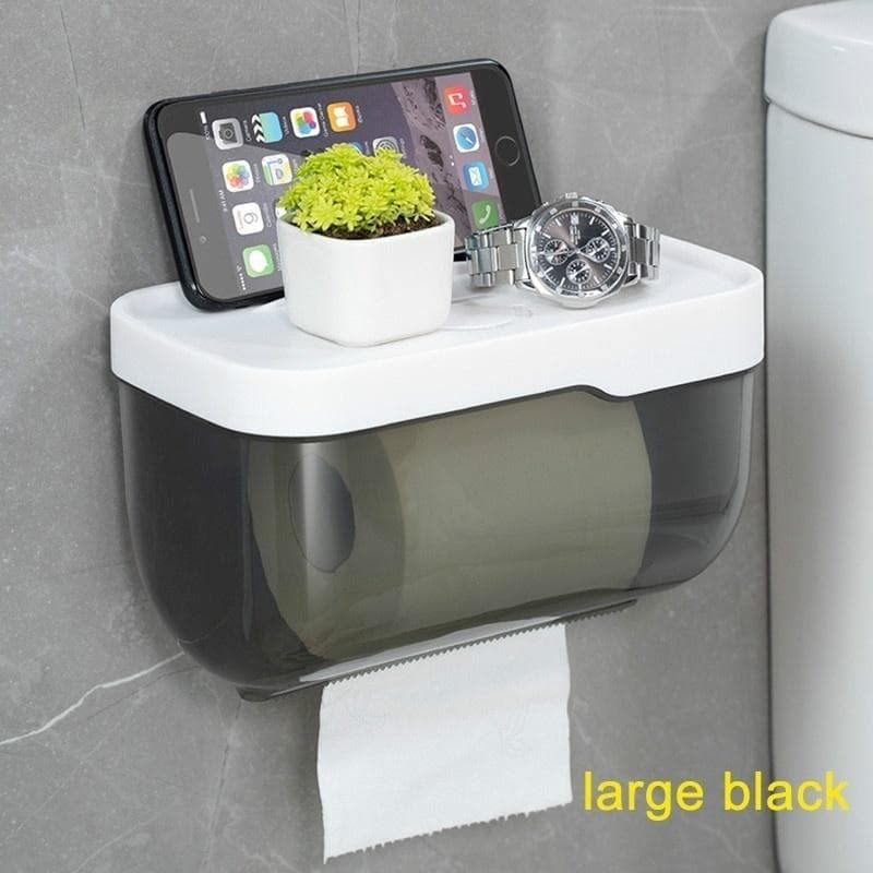 Bathroom Toilet Paper Towel Holder Wall Mount Plastic WC Toilet Paper Holder with Storage Shelf Rack Paper Storage Box L black