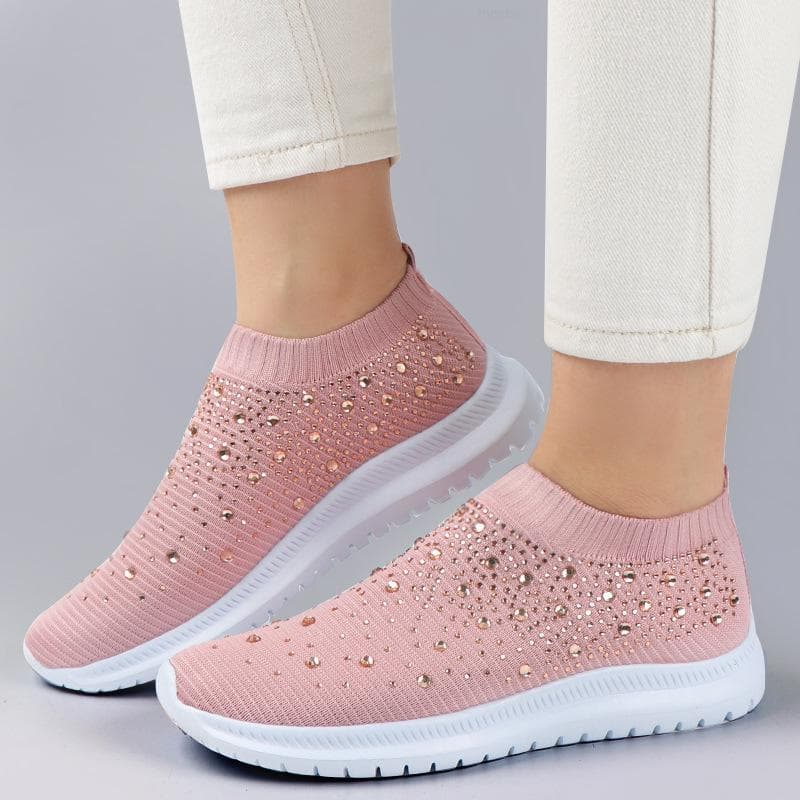 New Large Size Rhinestone Stretch Socks Shoes Casual Women's Sports Shoes Breathable Light Shoes 38 pink