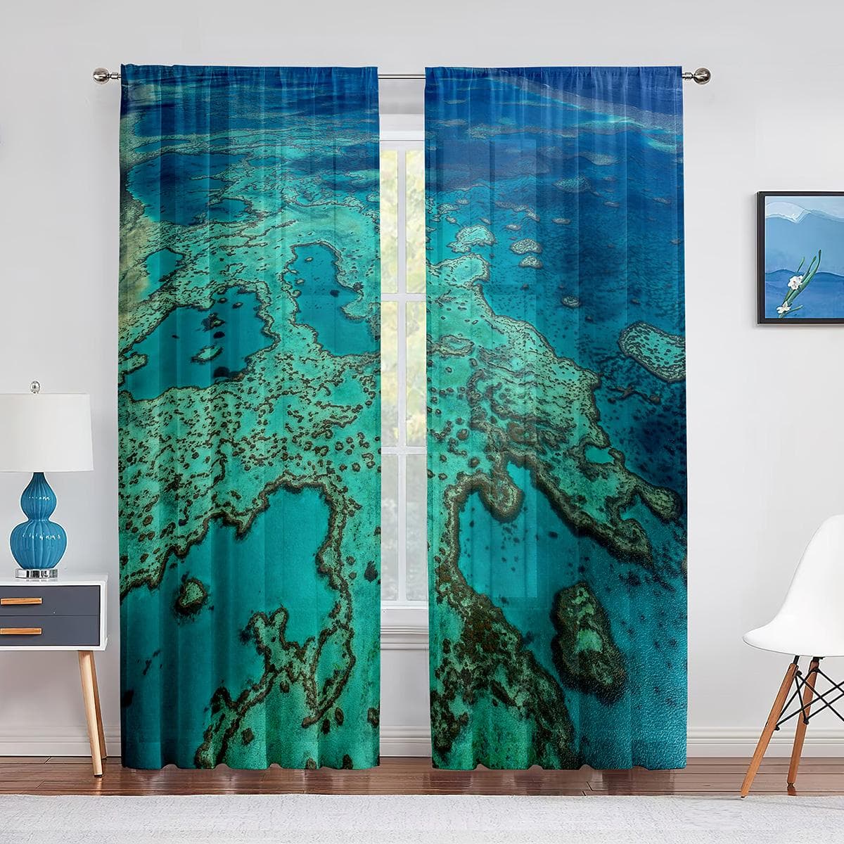 Underwater World Sheer Curtains Coral Fish Ocean Theme Marine Life Tulle Voile Curtains for Living Room Bedroom Kitchen Decor 1 PCS W100XH250cm&Grommet Top