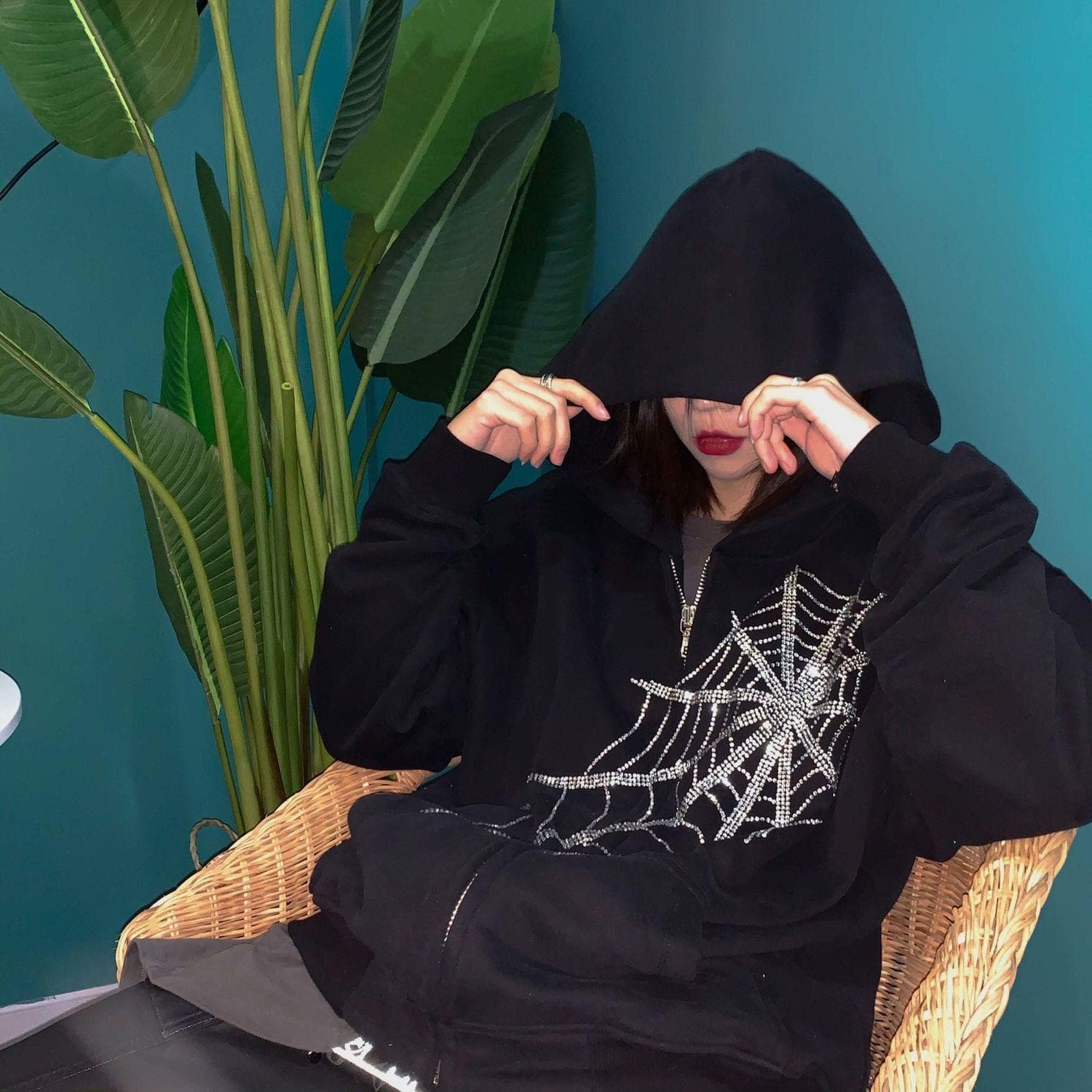 Harajuku Outwear Zipper Sweatshirts Emo Alt Clothing Gothic Punk Spider Web Hooded Women Fairy Grunge Dark Plus Size Hoodies M black