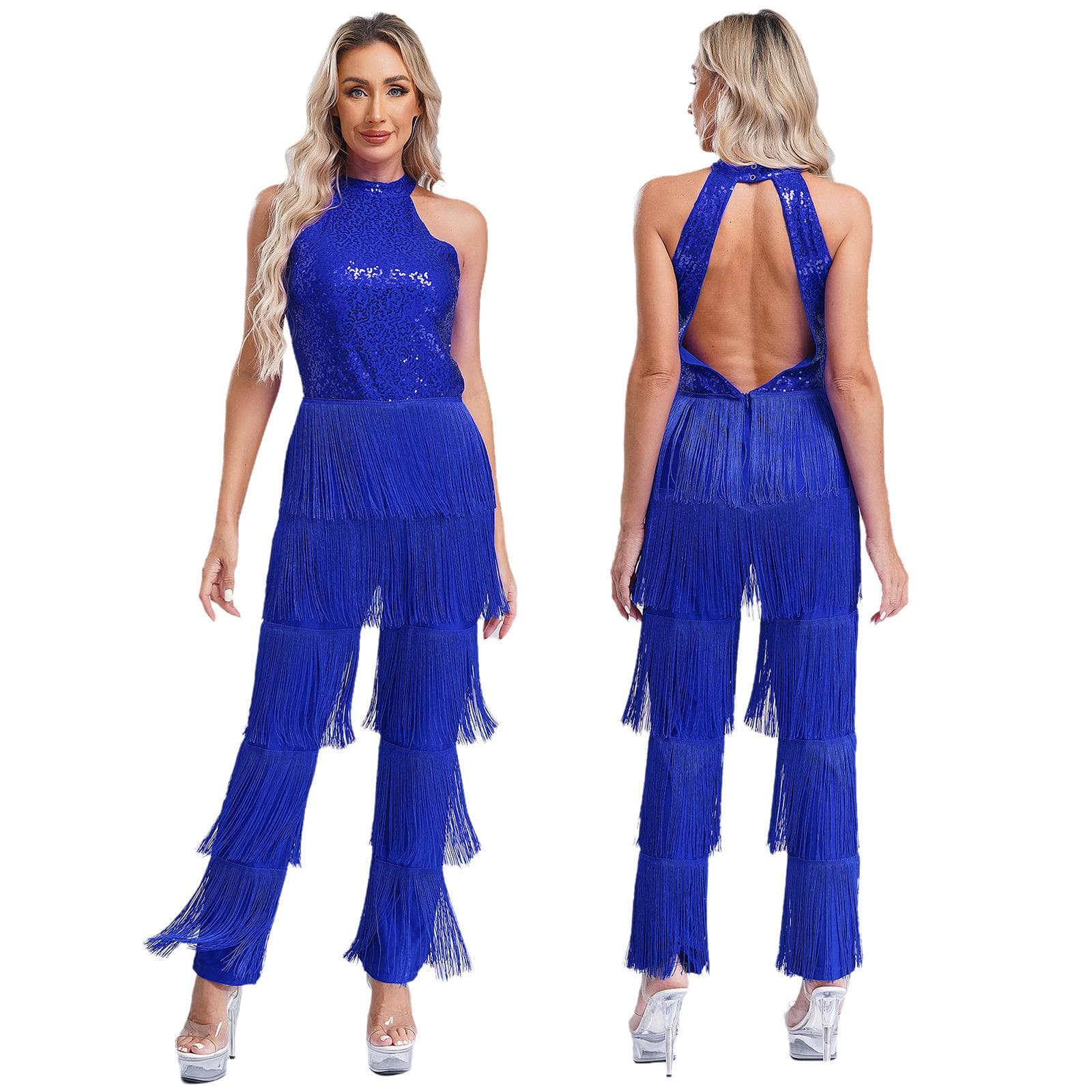 Women Sleeveless Jazz Costume Flowy Tassel Rompers Performance Dancewear Fringe Jumpsuit Tango Cha-Cha Samba Dancing Party Dress M royal blue