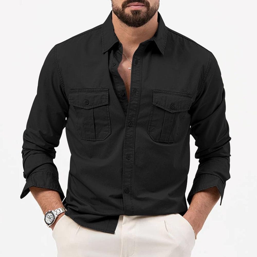 Mens Cargo Shirt Long Sleeve Tops Men Soft Casual Cotton Militar Tactical Shirts L black