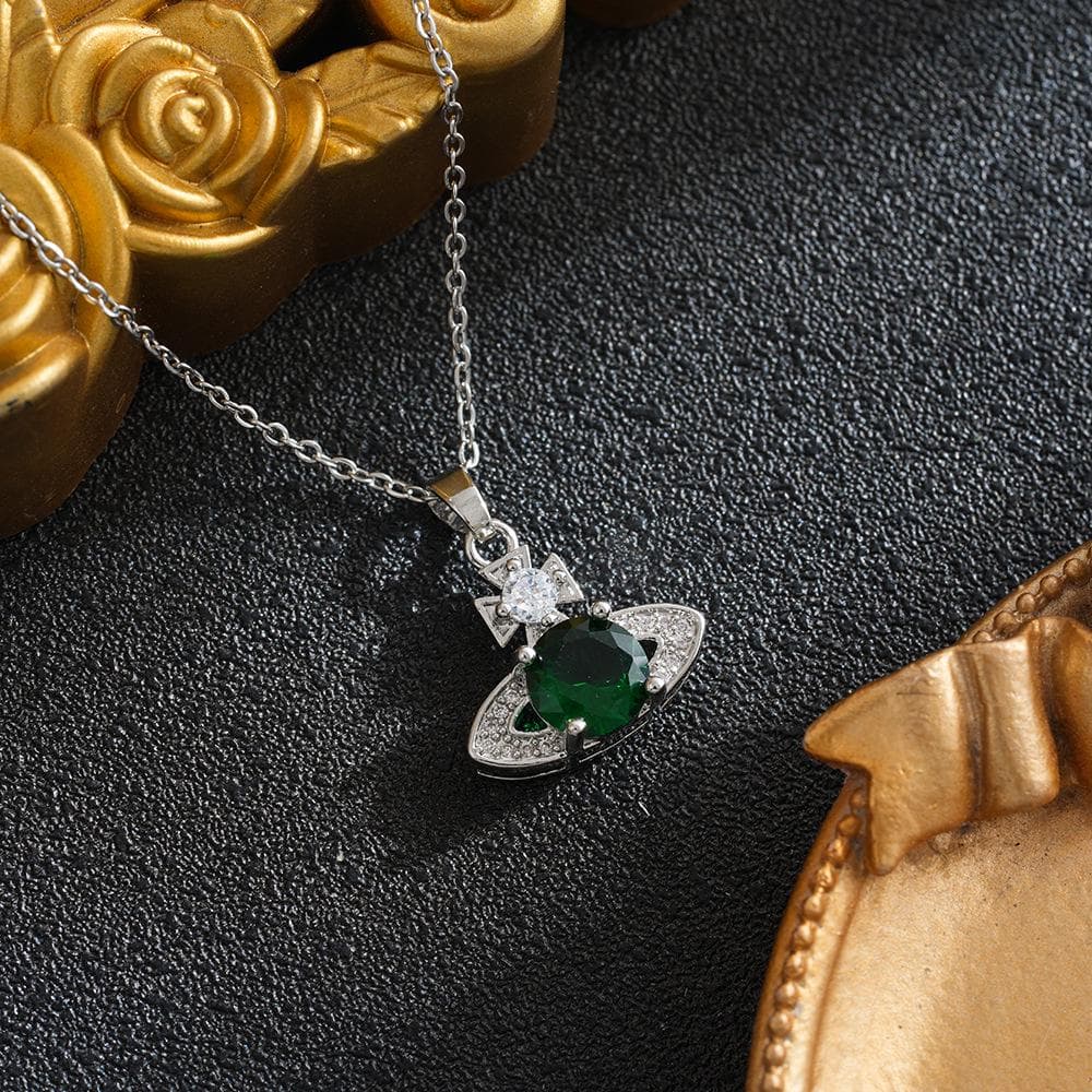 European & American Luxury Zircon Universe Saturn Necklace silver green