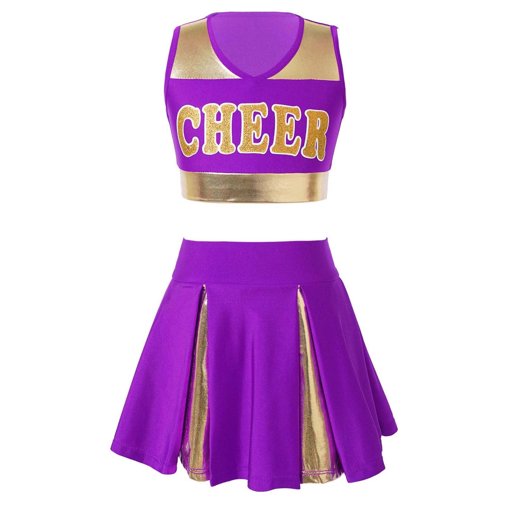 Kids Girls Cheerleading Costume Cheerleader Uniform Sleeveless V Neckline Letter Print Crop Top with Elastic Waistband Skirt 10-12 Years purple