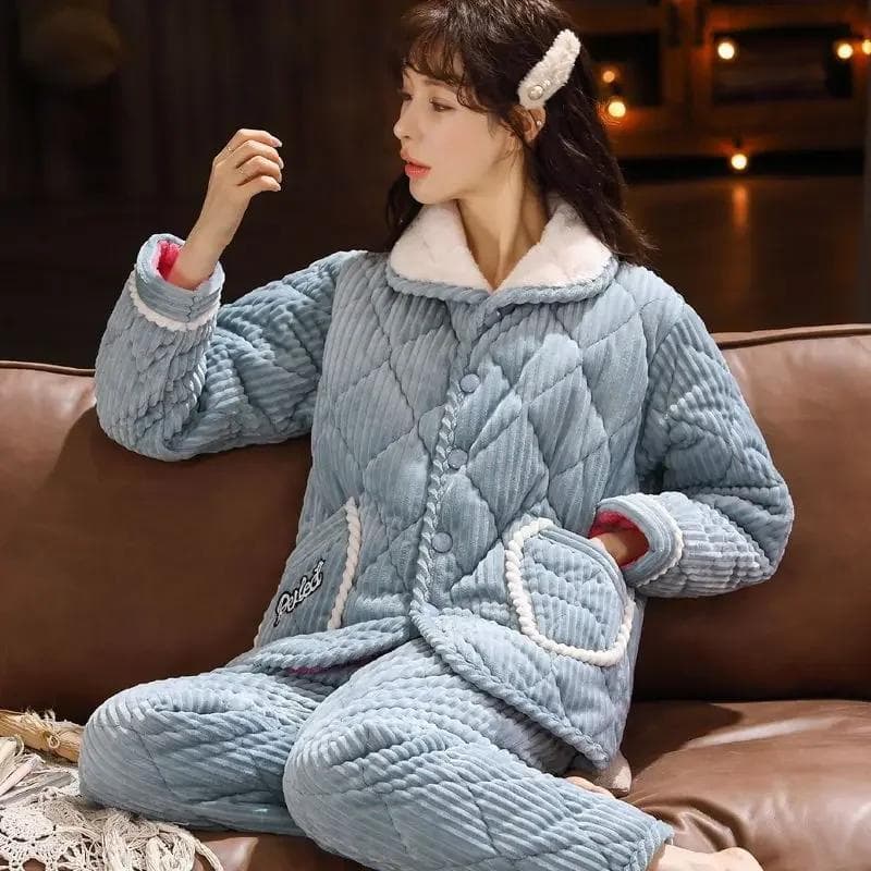 New Cute Thickened Pajamas Set Three-layer Cotton Coral Color Pajamas for Women Winter Flannel Fleece Warm Winter Home Clothes Set 2XL