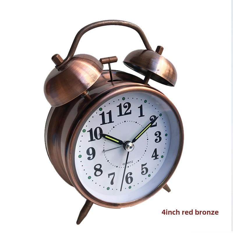 4  Retro Red Copper & Gold Metal Bell Alarm Clock with Silent Luminous Hands