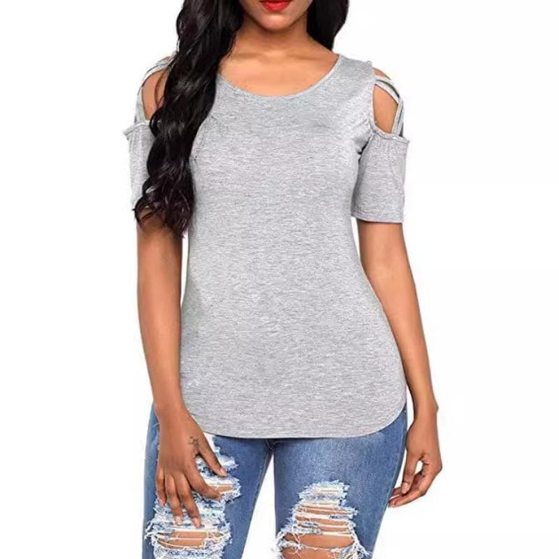 Spring Summer Cross Strap Off Shoulder Short Sleeved Round Neck Slim Fit Women's T-Shirts Women’s S gray
