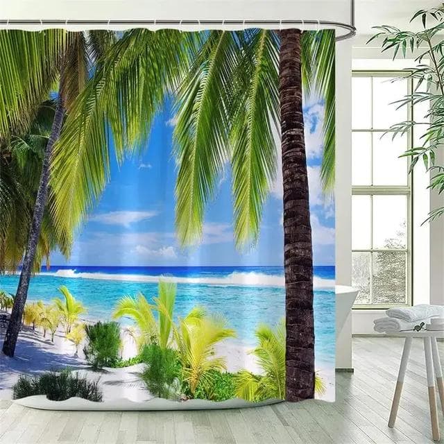 Ocean Landscape Shower Curtain Beach Palm Trees Parrots Dolphins Sea Waves Nature Scenery Bath Curtains Fabric Bathroom Decor W180xH200cm