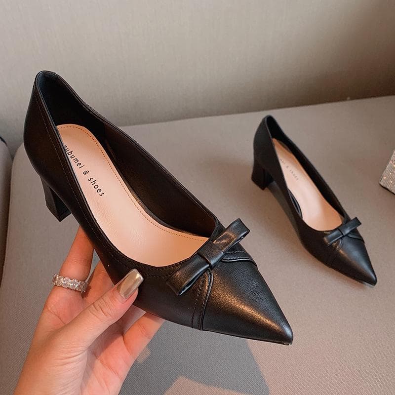 Pointed High-heeled Shoes Women Shallow Mouth Thick Bow Shoes Women Korean Version of Professional Work Commuter Shoes Women 40