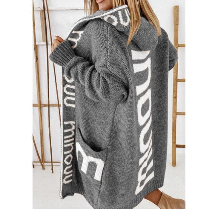 Knitted Sweater Autumn Winter Medium Length Cardigan Letter Hooded Knitted Women's Sweater M grey