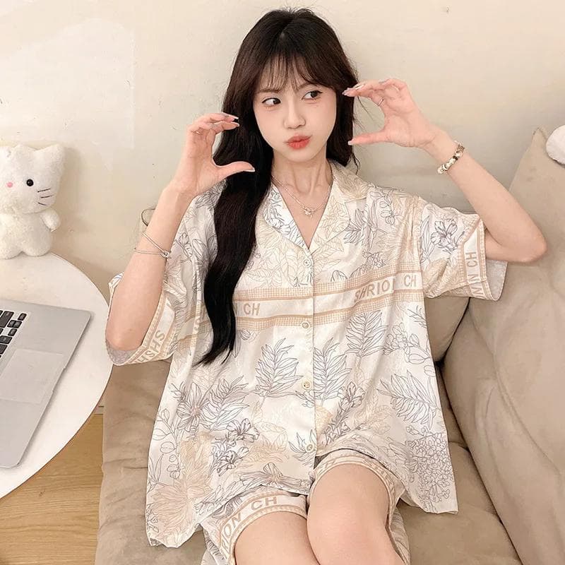New Ice Silk Pajamas Women's Summer New Korean-style Sweet Ins Style Short-sleeved Shorts Two-piece Outfit Home Wear XXL