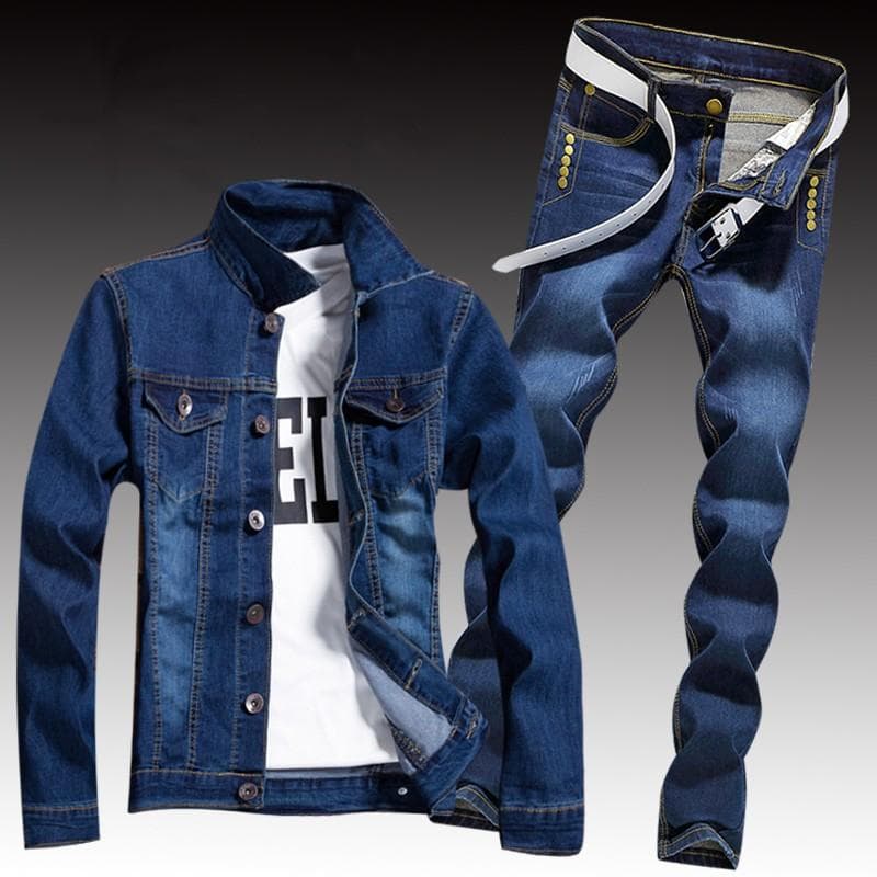 Spring Mens Denim Two Piece Set Hole Ripped Slim Fit Jacket Jeans Sets Male Casual Vintage Ropa Hombre Cargo Suit Streetwear L