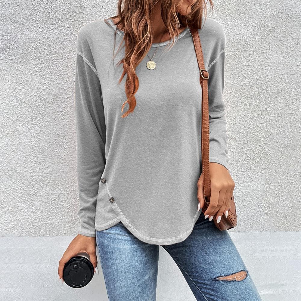 Round Neck Long Sleeve Women T-Shirt Solid Color Loose Casual Tops Button Oversized Cotton Tees Irregular Pullover 3XL light grey
