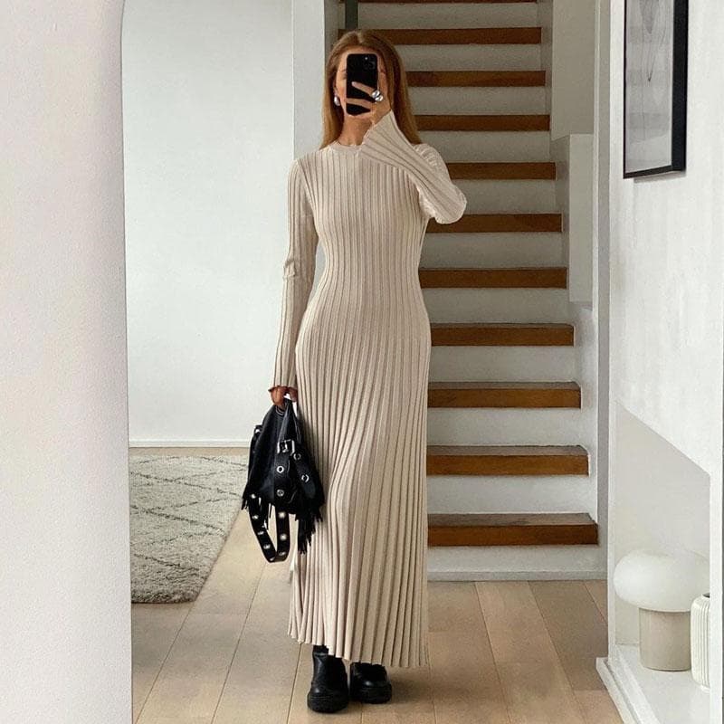 Lace-Up Female Knit Maxi Dress Autumn High Waist Fashion Patchwork Long Sleeve Loose Solid Dress Bandage Knitwear Dress M beige