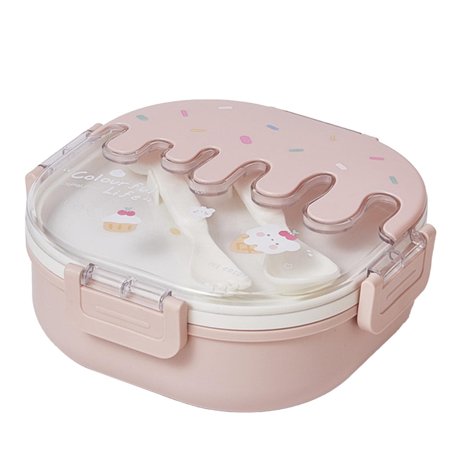 Bento Lunch Box for Kids Adults 3 Compartment Plastic Cute Ice Cream Lunch Snack Containers with Pink