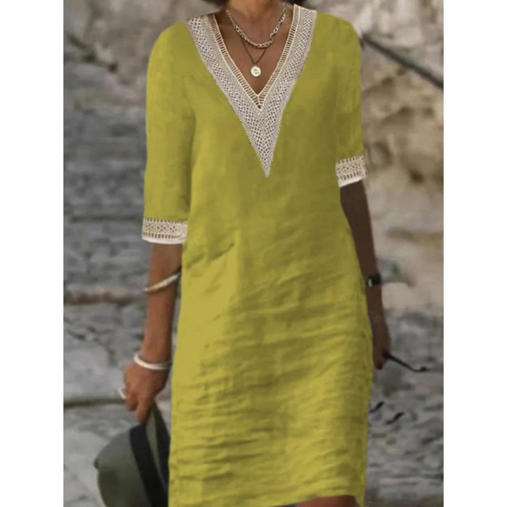 GMXIA Women's Fashion Casual Solid Color Print 1/2 Sleeves V-Neck Slim Dresses S yellow