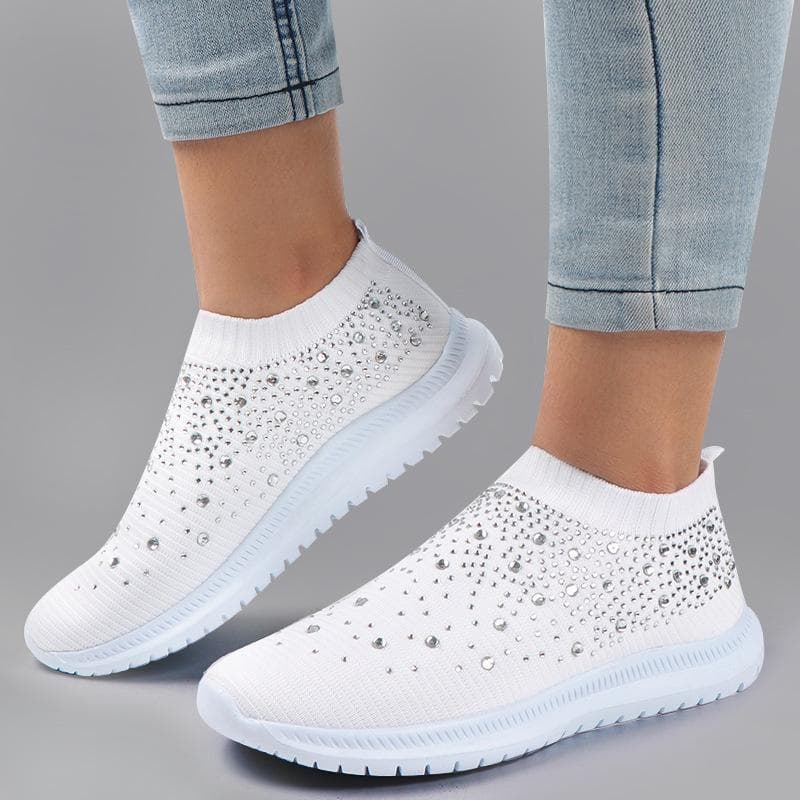 New Large Size Rhinestone Stretch Socks Shoes Casual Women's Sports Shoes Breathable Light Shoes 42 white