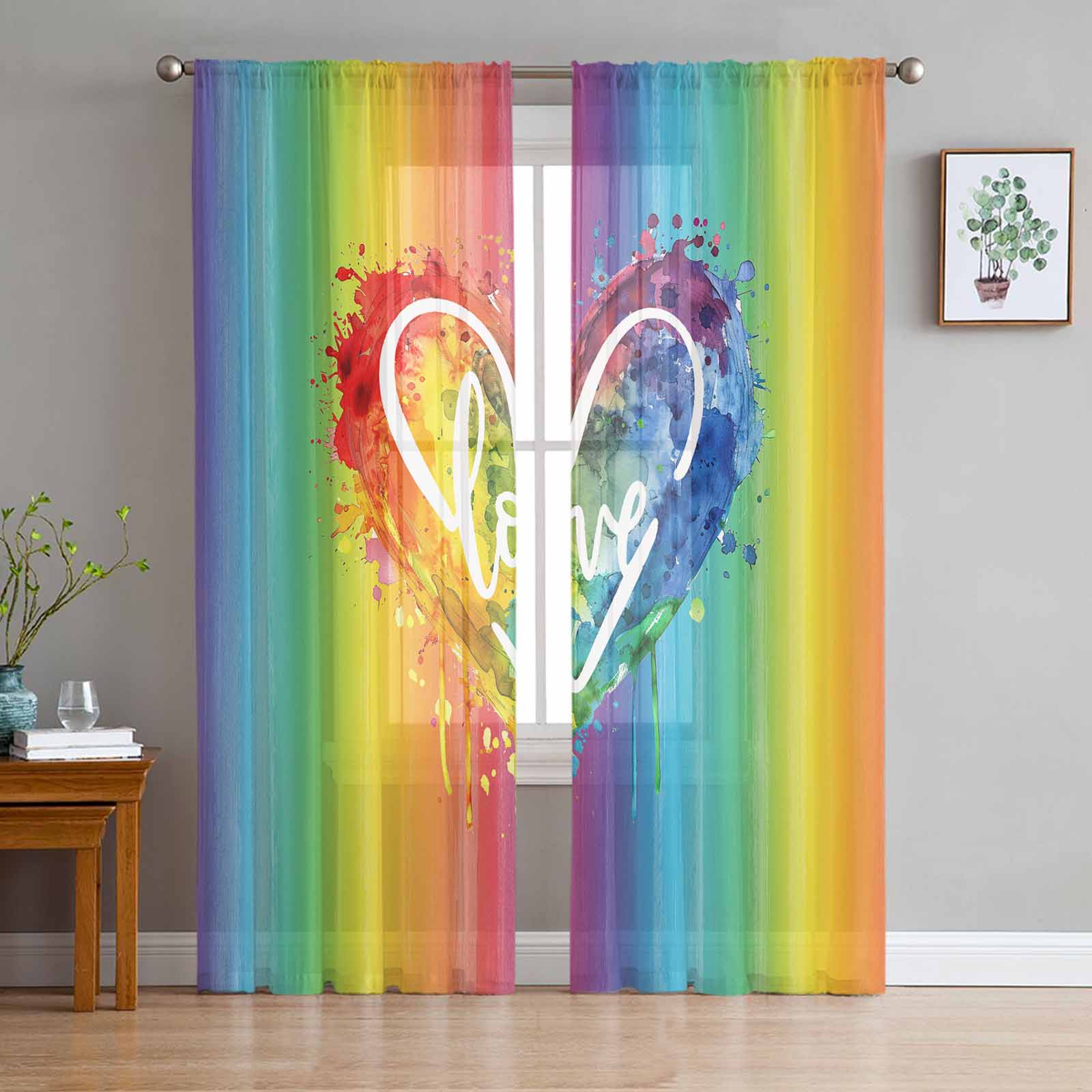 Rainbow Watercolor Gradient Hand Drawn Love Heart Window Tulle Curtains for Living Room Hotel Luxury Decoration Sheer Curtains 135W x 114H(cm)
