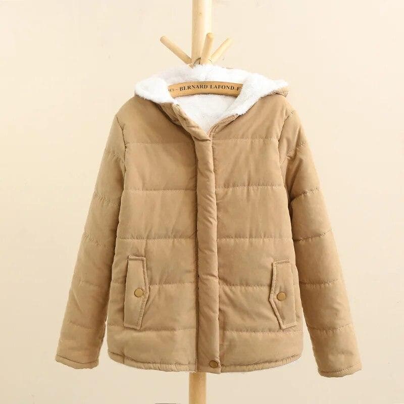 Autumn and Winter Korean Version Versatile Loose Hooded Thickened Velvet Cotton Coat Women's Imitation Sherpa Jacket L khaki