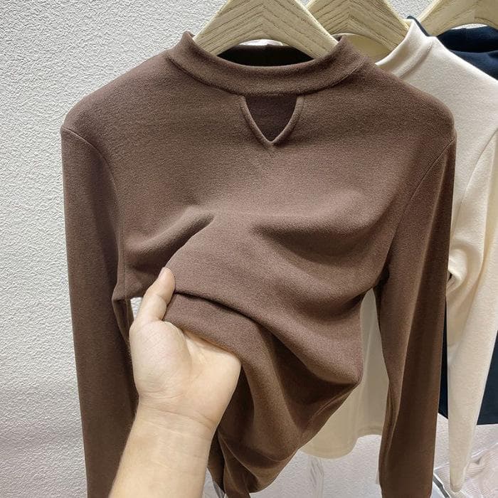 Semi-turtleneck Bottoming Shirt Women's Long-sleeved Autumn and Winter New Hollow-out Inner Velvet Thickened Top 3XL dark brown