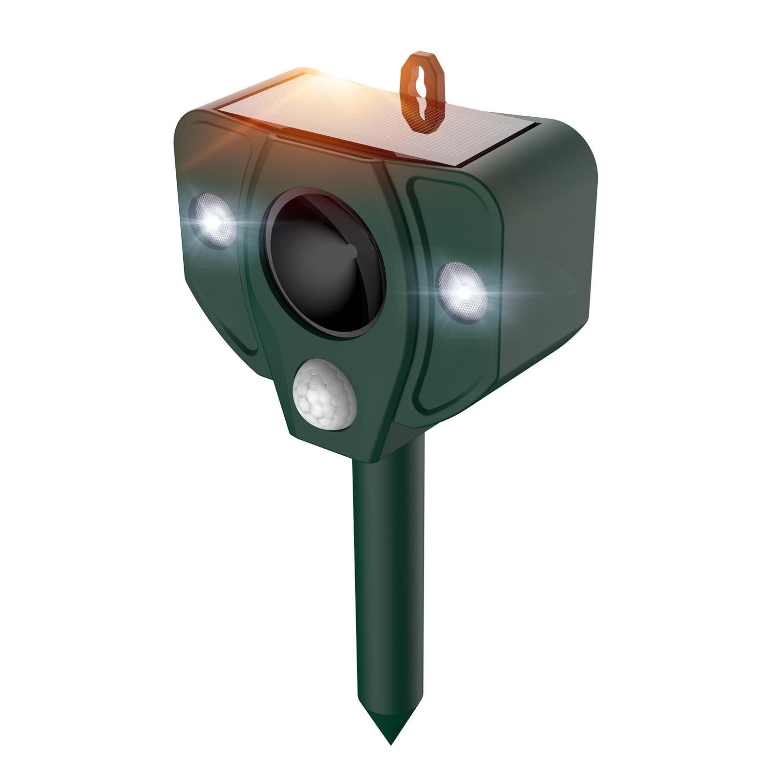 Solar Ultrasonic Repeller with PIR Motion Sensor 5 Alarm Modes IPX4 Waterproof Supoort Wall-mounted dark green
