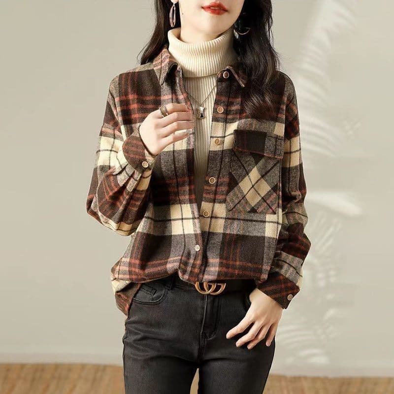 Retro Casual Loose Warm Velvet Thickened Plaid Shirt Versatile Slim Polo Collar Long-sleeved Shirt 3XL